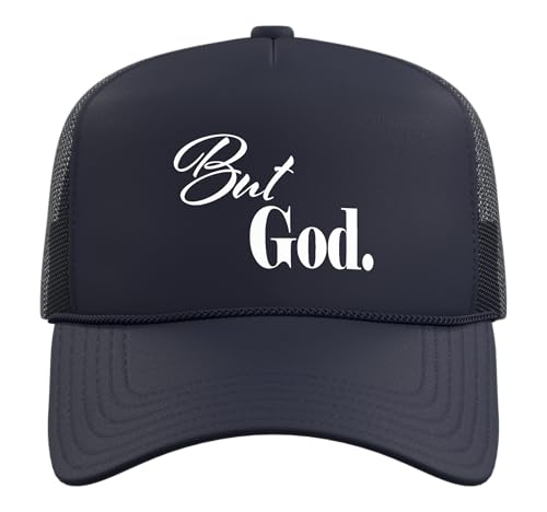 Christian Religious But God Strong Women Men of Faith Gifts Trucker Hat with Adjustable Mesh Back - color: Navy Blue