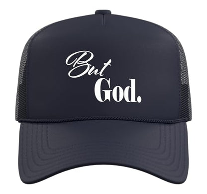 Christian Religious But God Strong Women Men of Faith Gifts Trucker Hat with Adjustable Mesh Back - color: Navy Blue