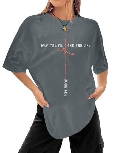 Christian Shirts for Women Oversized Bible Verse T-Shirt Jesus Religious Faithful Shirt Christ Crewneck Tee Top - color: Grey, size: Large