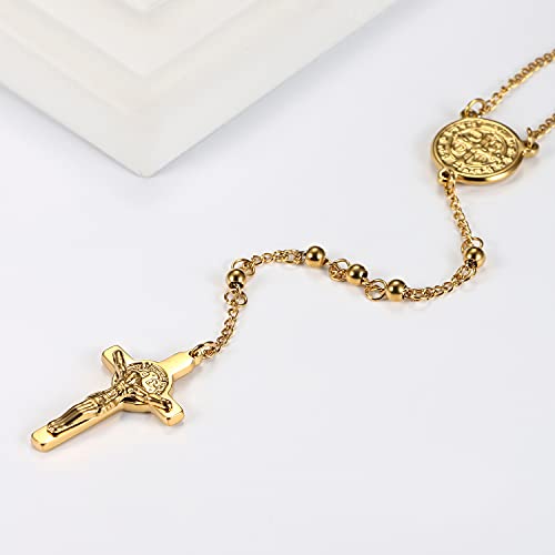 Rosary Beads Cross Necklace for Women Men, Stainless Steel Lords Prayer Long Chain Necklace Jewelry Gifts Y Necklace - color: GOLD-4mm