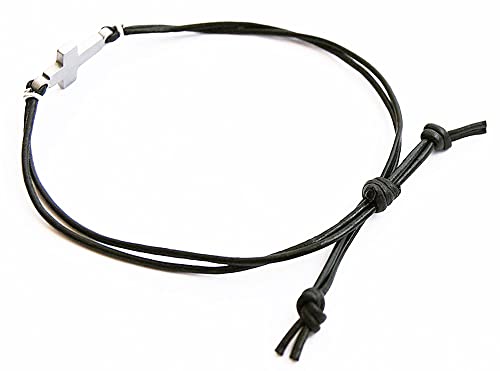 Store Mens Cross Bracelet Genuine Leather and Stainless Steel Sideways Cross Charm Adjustable Unisex Model