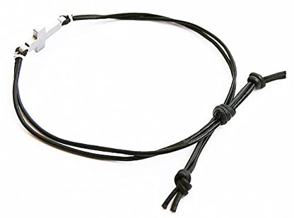 Store Mens Cross Bracelet Genuine Leather and Stainless Steel Sideways Cross Charm Adjustable Unisex Model