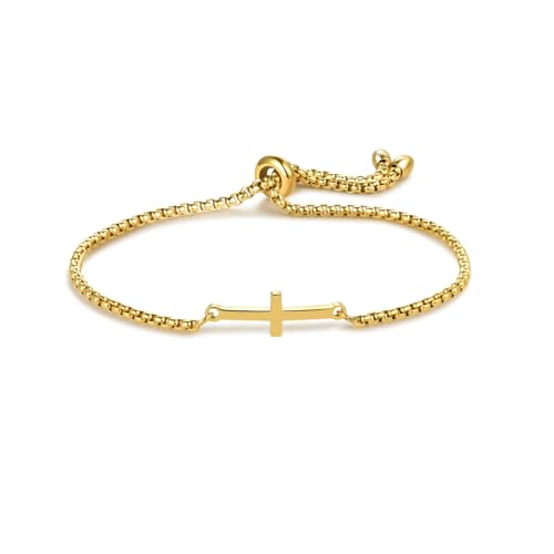 NARTGO Sideways Cross Christian Bracelet for Women Religious Faith Believe Bracelet Baptisms Jewelry Gift Stainless Steel Adjustable Chain - color: Gold