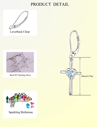 Cross Earrings 925 Sterling Silver Opal Crucifix Dangle Drop Earring Heart Birthstone Religious Jewelry for Women - color: 09-sapphire-Sept