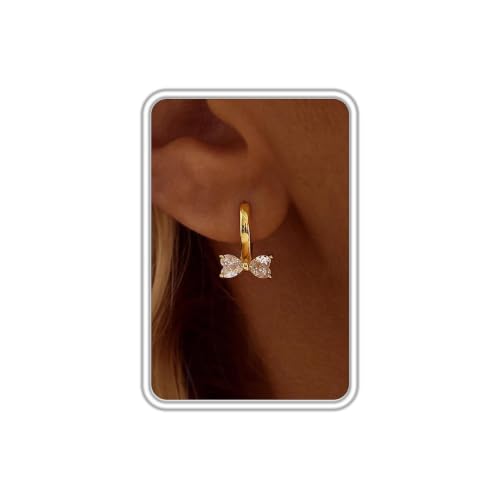 Dangle Earrings for Women, Dainty Huggie Hoop Dangle Earrings - color: Bow 01 Dangle Gold