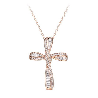 EVER FAITH S925 Silver Princess Cut CZ Infinity Twisted Cross Necklace - color: Rose Gold