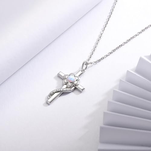 I am a Child of God Necklace - 925 Sterling Silver Birthstone Flower Cross Pendant Religious Jewelry Baptism First Communion Confirmation Gifts for Girls - style: Oct.