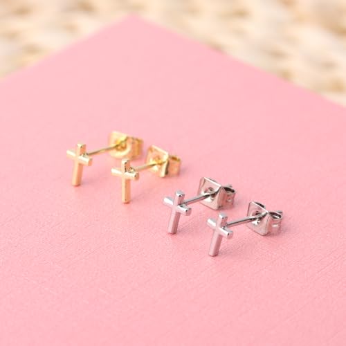 4pcs Cross Earrings for Women, Flat Back Cross Stud Cartilage Piercing Jewelry for Everyday Wear (Silver, Gold)