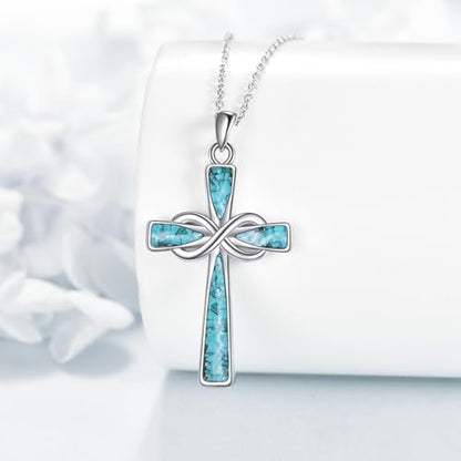 Infinity Cross Necklace S925 Sterling Silver Turquoise/Wooden/Opal/Abalone Cross Pendant Necklaces Christian Jewelry Gifts For Women - style: Turquoise