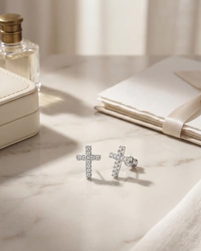 MUMREUES 14K Gold Earrings for Women Dainty CZ Cross Stud Earrings Jewelry - color: CZ Cross & Silver
