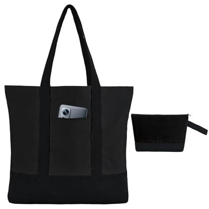 2-Pack Canvas Tote Bags and Makeup Bags, Cotton Zipper Bag, All Black - color: All Black