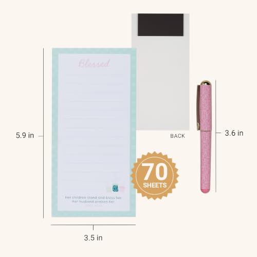 Christian Art Gifts Magnetic Notepad & Pen Set for Mom, Blessed Bible Verse - color: Blue & Pink Floral/Blessed