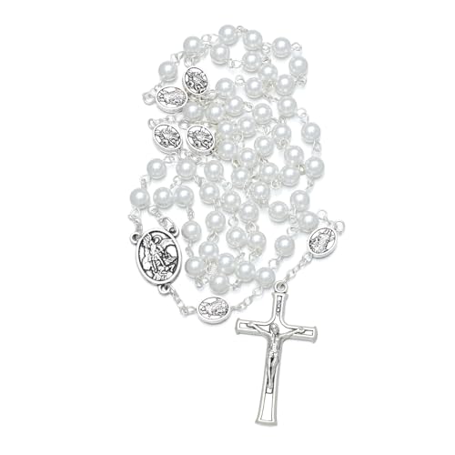 KOMI 6mm Glass Pearl Rosary Beads Catholic for Women with Metal Rosary Box Religious Gifts - style: St Michael-white