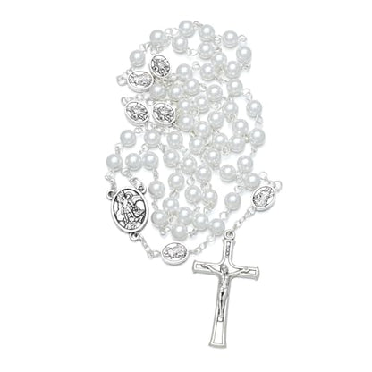 KOMI 6mm Glass Pearl Rosary Beads Catholic for Women with Metal Rosary Box Religious Gifts - style: St Michael-white
