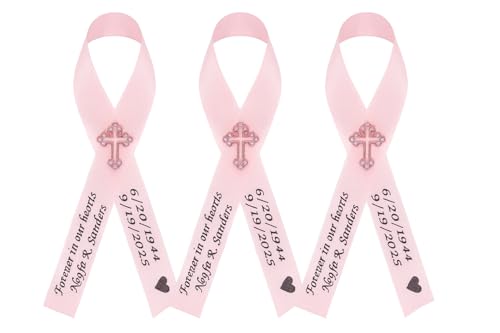 Personalized Memorial Service Funeral Ribbon Pins 20 Cross Religious Celebration of Life Custom Made Awareness Remembrance Anniversary Death Cross Sympathy Name Angel - color: Pink