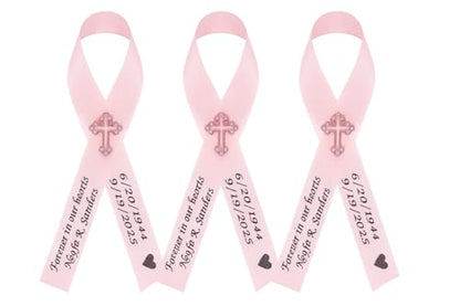 Personalized Memorial Service Funeral Ribbon Pins 20 Cross Religious Celebration of Life Custom Made Awareness Remembrance Anniversary Death Cross Sympathy Name Angel - color: Pink