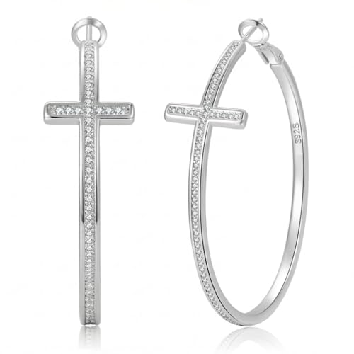 PABBEU 925 Sterling Silver Cross Hoop Earrings for Women Hypoallergenic - color: 50mm silver