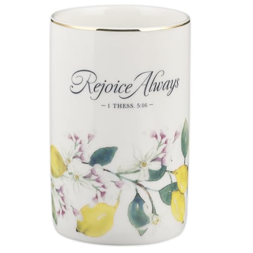 Christian Art Gifts Small White Ceramic Table Vase for Flowers & Plants: Rejoice Always Inspirational Scripture Home Décor, Kitchen, Bathroom, Living Room, Yellow Lemon, Green Leaves & Gold, 5" x 3.2"