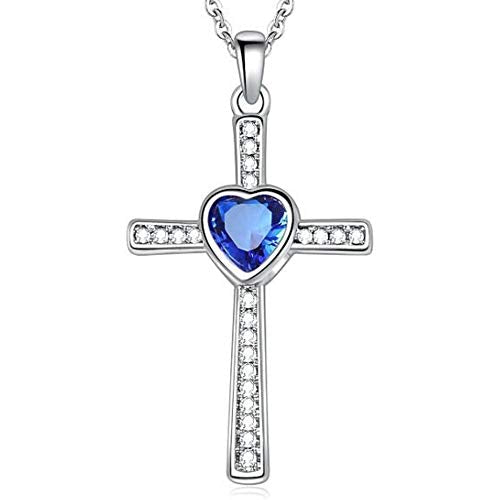 JUDE Stainless Steel Heart Birthstone Cross Statement Wedding Cocktail Party Pendant Necklace - color: Sep-Sapphire