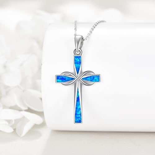 ONEFINITY Cross Necklace 925 Sterling Silver Cross Pendant Religious Jewelry Gifts - style: Blue Opal