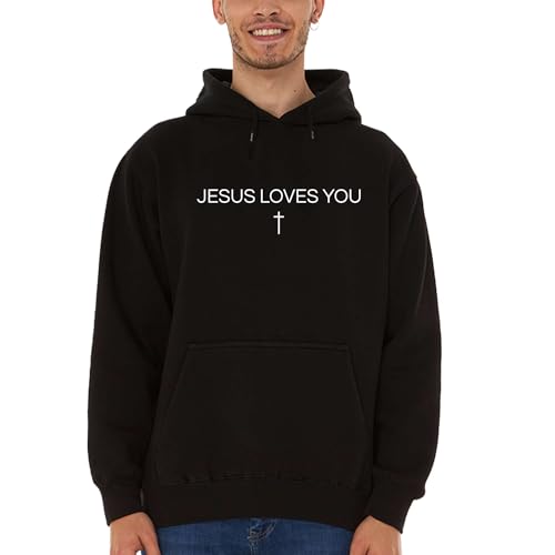 shop4ever Jesus Loves You Minimal Cross Hoodie Sweatshirts - color: Black, size: Small