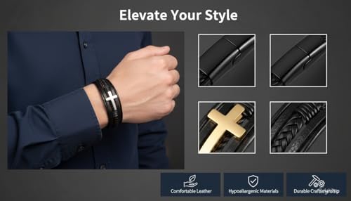 Stainless Steel Braided Leather Bracelet for Men Cuff Bangle Cross - color: 3 Colors