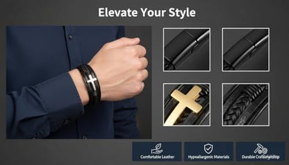 Stainless Steel Braided Leather Bracelet for Men Cuff Bangle Cross - color: 3 Colors