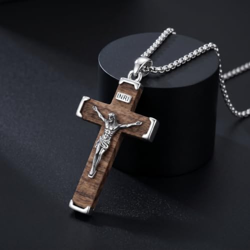 Cross Necklace for Men 925 Sterling Silver & Wood Cross Pendant with Stainless Steel Chain Cross Necklace for Men Women Christian Jewelry Gift - color: Crucifix