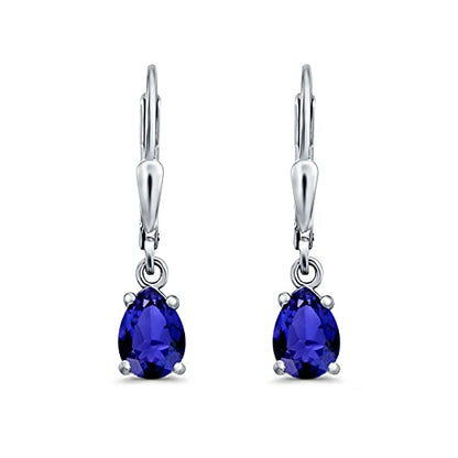 Teardrop Bridal Dangling Leverback Earrings Pear Cubic Zirconia 925 Sterling Silver - color: Simulated Blue Sapphire CZ