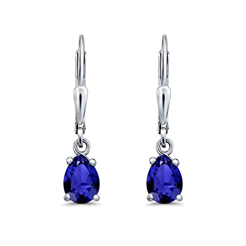 Teardrop Bridal Dangling Leverback Earrings Pear Cubic Zirconia 925 Sterling Silver - color: Simulated Blue Sapphire CZ