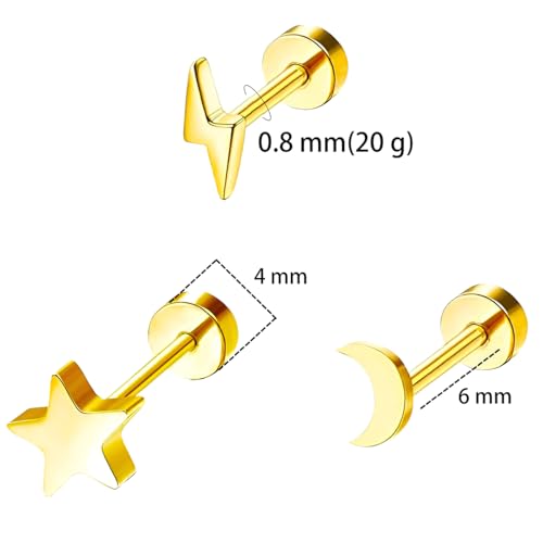 Stainless Steel Stud Earring 1 Pair Gold Small Flatback Earrings Helix Hypoallergenic Flat Back Jewellery Dainty Screwback Tiny Jewelry for Sensitive Ears Women Ladies Aretes De Mujer - style: Cylinder