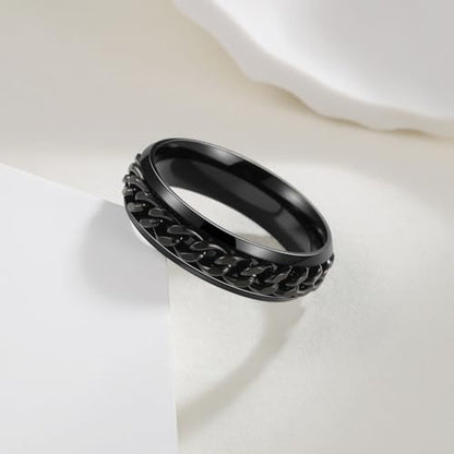 Mens Fidget Rings Anxiety Ring for Men 6mm 8mm Chain Spinner Ring Size 5-14 - color: Titanium Black Black