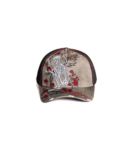 Affliction Men's Baseball Cap, Gothic Style, Embroidered Pattern - color: Dirty Potassium Spray (Winged Reaper)