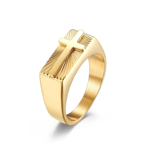 Cross Jesus Religious Christian Signet Band Ring fo Men Women - color: Gold, size: 9