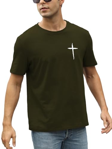Mens Short Sleeve Cotton T-Shirts Crew Neck Jesus Cross Printed Shirts Faith Christ Shirts - color: Army Green, size: Small
