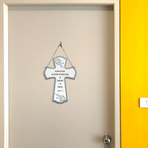 Rejoice in hope, be patient in tribulation, be constant in prayer. Romans 12:12 11.5" x 8" Cross Hanging Sign | Rustic Twine | Inspiring Religious Bible Decor