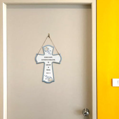 Rejoice in hope, be patient in tribulation, be constant in prayer. Romans 12:12 11.5" x 8" Cross Hanging Sign | Rustic Twine | Inspiring Religious Bible Decor
