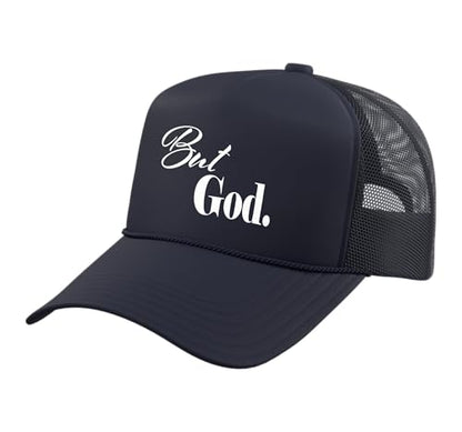Christian Religious But God Strong Women Men of Faith Gifts Trucker Hat with Adjustable Mesh Back - color: Navy Blue