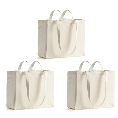 LINICE 3 Pack Canvas Grocery Bags with Long Shoulder Strap and Short Handle - color: 3 Pack