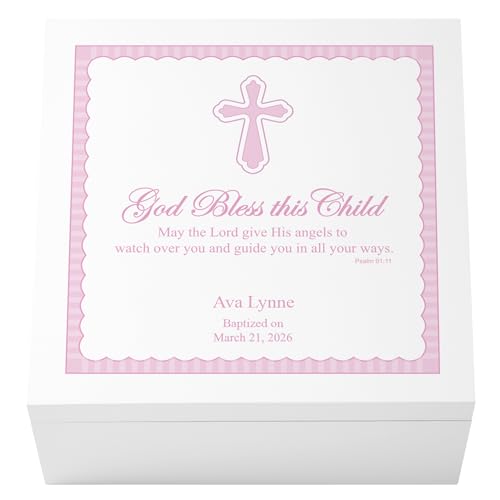 Let's Make Memories Personalized Keepsake Box for Blessed Child - Memories Box - Baptism - Confirmation - Memento Storage - For Girls - 6" Hx12 Sq - God Bless - Pink - color: God Bless - Pink Text