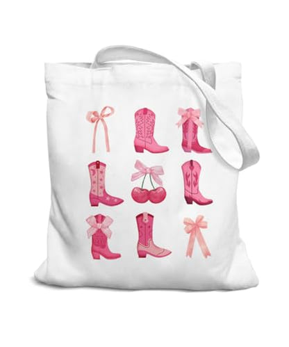 Coquette Bow Bible Canvas Tote Bag for Women Teens Teen Girls, Pink Bow Girls Tote Bag, Coquette Gifts - color: Cowgirl Boots