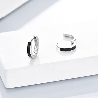 AOBOCO Black Hoops Earrings for Men Sterling Silver Viking Celtic Cross Heart Skull Round Triangle Hoop Earrings Birthday Father Day Christmas Jewelry Gifts for Men Women Friends - style: Round Hoops