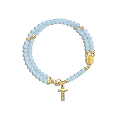 Grace & Faith: Handmade Rosary God Beads Bracelet Virgin Mary Cross Double Layer Chain Crucifix Religious Christian Faith Jewelry - color: Blue Beads