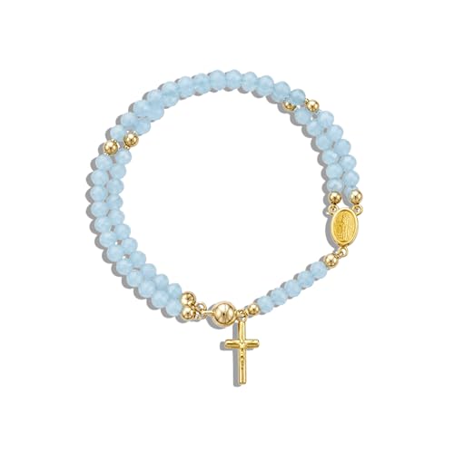 Grace & Faith: Handmade Rosary God Beads Bracelet Virgin Mary Cross Double Layer Chain Crucifix Religious Christian Faith Jewelry - color: Blue Beads