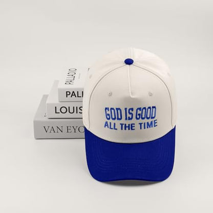 Embroidered Christian Two-Tone Baseball Cap for Men & Women, Adjustable Dad Hat Christmas Easter Gift - color: God is Good All the Time, Navy Blue/Beige