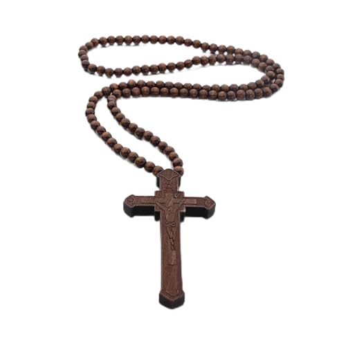 FORUBUS Wooden Cross Pendant Necklace - Wood Beads Cross Religion Necklace for Women Men Believer Prayer Baptism Jewelry - color: C brown