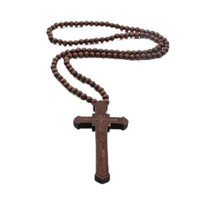 FORUBUS Wooden Cross Pendant Necklace - Wood Beads Cross Religion Necklace for Women Men Believer Prayer Baptism Jewelry - color: C brown