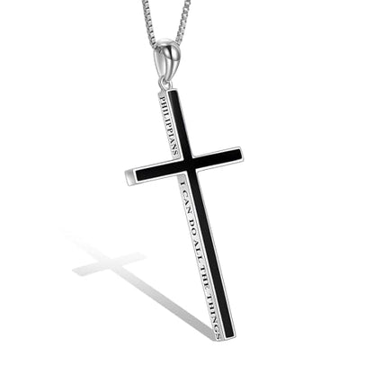 POPLYKE Cross Necklace 925 Sterling Silver Philippians 4:13 I Can Do All The Things Inspirational Necklace Gifts for Women Men 20+2'' - color: Black Onyx