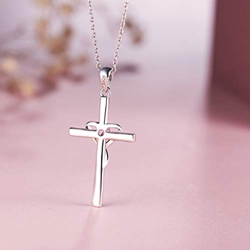 AmorAime 925 Sterling Silver Cross Necklace for Women Men 14K Gold Plated 5A CZ Birthstone Necklaces for Holiday - color: J.Pink-October-Tourmaline