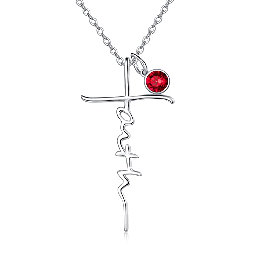 PRAYMOS Faith Cross Necklace for Women 925 Sterling Silver Pendant Necklace With Birthstone Initial Christian Religious Confirmation Baptism Mothers Day Gifts - color: 2-Silver July(Ruby)